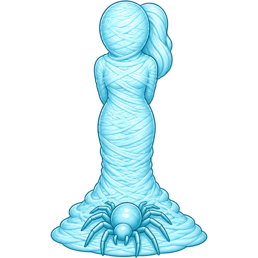 mummified fully covered in a #B8FFFF spider slik cocoon shaped like girl arms behind back with #B8FFFF spider slik wrappings completely covered with thick layers non-transparent #B8FFFF spider slik wrappings by it's feet with large #B8FFFF spider slik