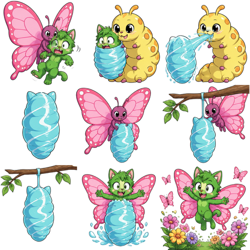 green boy cat furry was getting captured by giant pink butterfly and wrapped up and slik worm cocooned tightly by giant yellow caterpillar that sprays giant light cyan slik with white details at green boy cat furry non-transparent light cyan slikworm cocoon shaped like green boy cat furry completely encased in a giant non-transparent light cyan slikworm cocoon with white details then the giant butterfly picks up safely and places onto a branch and hangs it with slik as a non-transparent light cyan slikworm cocoon shaped like green boy cat furry completely encased in a giant non-transparent light cyan slikworm cocoon with white details and then green boy cat furry with giant pink butterfly wings emerges out from its non-transparent light cyan slikworm cocoon shaped like green boy cat furry completely encased in a giant non-transparent light cyan slikworm cocoon with white details in flower garden with giant pink butterflies cartoon clipart version