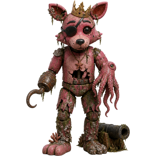 borken pink fox standing up toy with sea weed coral cracked star necklace rusty pirate hook right hand barnacle covered legs sunken cannon with octopus for left hand cracked golden crown