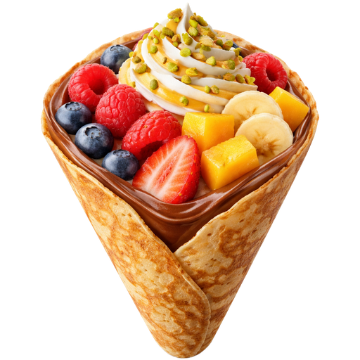 J-Petal Cocktail with Strawberry Blueberry, Raspberry, Banana, Mango, Whipped Yogurt, Custard Cream, Crunch Pistachio, Nutella Crepe Cone