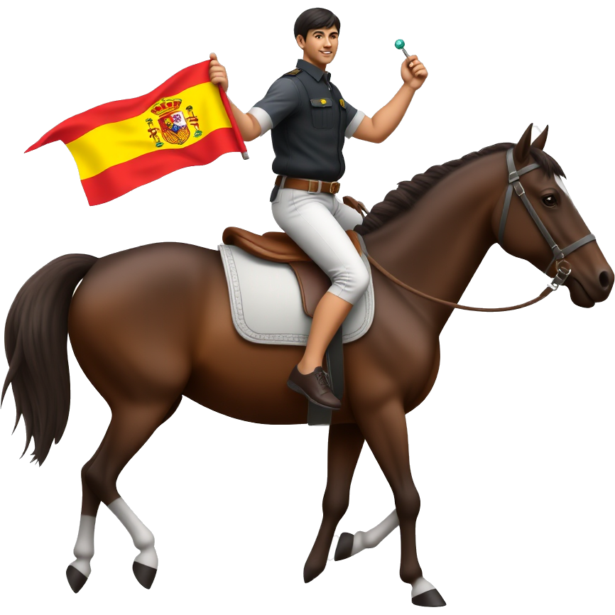 hombre montando a caballo, con caballo marrón chocolate y calcetines blancos, llevando el hombre bandera de españa en la mano con un pequeño mástil