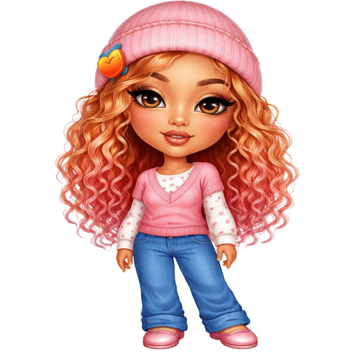 Apricot with a Warm Golden Skin Tone With Curly Apricot Orange Hair and Pink Highlights Wearing a Soft Pink Beanie and a Dark Pink Stitch Going Across it with a Apricot Clip on the Left side of it with Heavy Lower Lips, a Prominent Eyelash Style and a Matte Brown Lipstick Finish, With a HD Makeup Style Look and a Adult Petite shape and a Thin Eyebrow shape and a Protruding Eye Shape with a Triangle Shaped Face Shape and a Detached Earlobe with a Pink Shirt with a Wide V-Neck with White Long Sleeves with Pink Polka Dots and a White T-shirt where the V-Neck is located and a Big Pocket in the Middle With Blue Denim Pants and a Black Stitch Pattern at the Bottom Wearing Pink Flats in a Intense Polished Shine and Diffused Lighting along with Vivid and Distinct Features and Visual Textures in and Intense Polished Shine