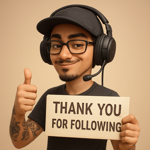 Thank you for following sign held by a smirking with a thumbs up cartoon 3d thin Hispanic/japanese gamer guy with a hat goatee glasses nose ring hoop and a gamer headset with tattoos
