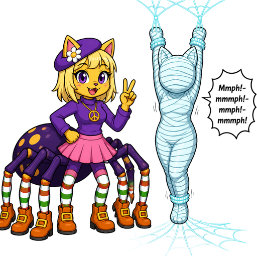 Yellow cat anthro with purple eyes blonde hair purple hat with white flower peace sign necklace purple long sleeved shirt pink skirt long red white green socks orange boots with yellow buckles drider hybrid next to #B8FFFF mummified completely covered anthro cat shaped cocoon completely covered hanging on the ceiling by wrists tied up with #B8FFFF spider webs and ankles tied up with #B8FFFF spider webs on the floor Mmph!-mmmph!-mmph!-mmmph!