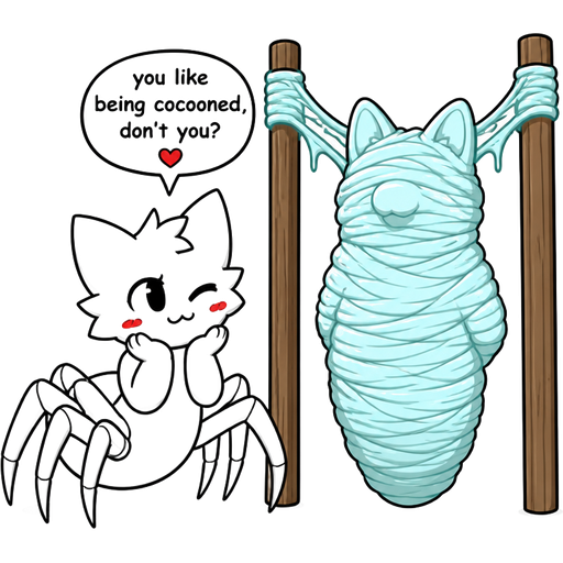 white cat with red cheeks drider hybrid based on boykisser next to #B8FFFF sticky slik mummy-like-cocoon furry corgi entombed wrapped up and mummified fully covered in a #B8FFFF spider slik cocoon shaped like furry corgi with arms behind back with #B8FFFF spider slik wrappings completely covered with thick layers non-transparent #B8FFFF spider slik wrappings #B8FFFF between two pole you like being cocooned, don't you?