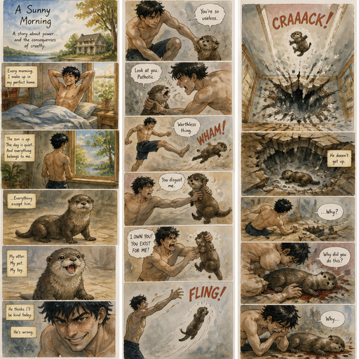 A Long COMIC BOOK and shows the owner and Waking up in the morning on a Sunny day and no cin pajamas and one of his pet otters but Excessively bully’s the otter and the otter goes over his headand it crakes the floor and Doesn’t get up, and he weekly why did you do this.