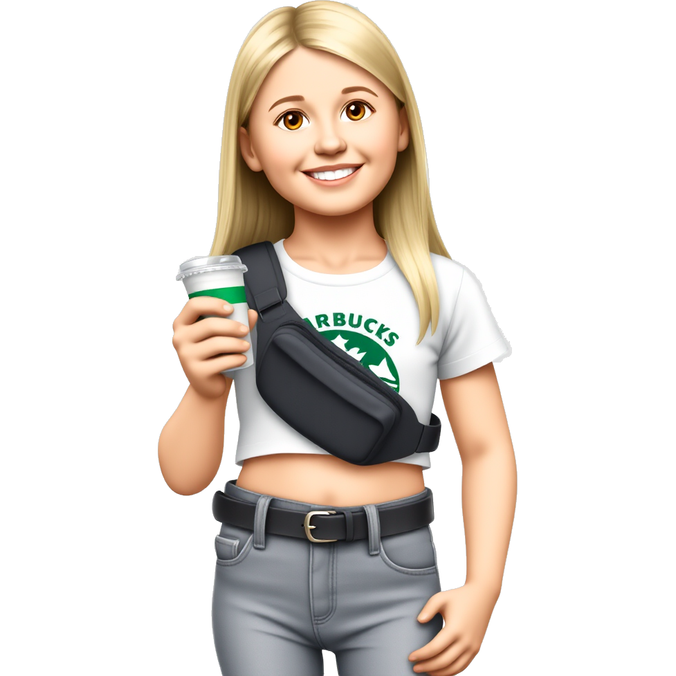 A 10-year-old girl who likes Starbucks that has a crop top on and bellbottoms and has a Lululemon fanny pack, smiling and has blonde hair that is straight and her shirt is a Myrtle Beach shirt