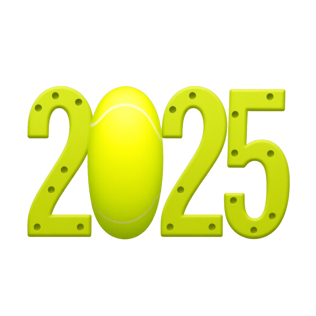 The number “2025” with the number 0 in 2025 being replaced by a lime green pickleball completely covered with many equally spaced holes. All four numbers of 2025 are clearly visible.