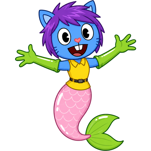 blue boy cat furry with purple hair and green very long rubber gloves yellow dress tucked in light pink mermaid tail with white highlights with green tail fins (happy tree friends)