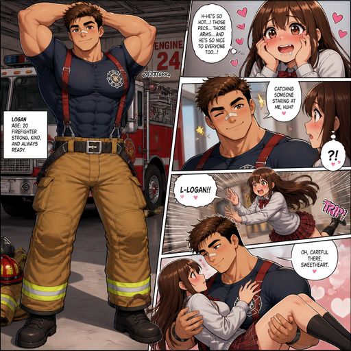 A Very Detailed Full Body anime comic book view of a Not tall and High schooler sized but Beefy and Bulky and Huge Beefy Pecs and Biceps and above average but Bulky and ANIME Cute Bara Big Bulky Build for a Manly Firefighter Hunk Who looks Normal 20 year old American with a round facial Structure and ROUND and BASIC facial structure and No Facial Hair With Puffy and Big Pecs that are visible through the shirt and Biceps and Bandaid on his nose and slim and thin waist Wearing a Firefighter outfit and Looking good in it. And His crush looking at him and drooling and he sees he and he winks man he stretches and looks at her with a Cute and Attractive face. And she runs to him but falls and he romantically catches her