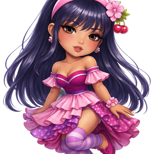 Cherry Jam with a Medium-Tan Cool Almond Skin Tone with a Wide Lip Shape with a Voluminous Wispy Eyelash Set Up and a Pink Lipstick with a Brown Lip Liner with a Brown Eyeshadow and a Natural Eyebrow Shape with a Monolid Eye Shape with a Diamond Face Shape with Long Dark Blue Hair Including Bangs Wearing a Pink Crescent Shaded Headband with a Pink Cherry Blossom Flower on the Right Side of it With a Cherry Right Beside It Wearing a Multi-Layered Dress Parted on the Side from one of the Layers Which Consists of the Neck-Line Being Magenta With a Purple Stripe Going Across With One of the Layers Being Pink and The Parted Layer is Magenta With a Printed Pattern of Purple Polka Dots Wearing a Pink Cherry Blossom Ring with Purple and Magenta Striped Leggings Wearing Magenta Flats With Curtain Designs and Mature Adult Toned Build and a Cinematic Glow with Radiant Lighting