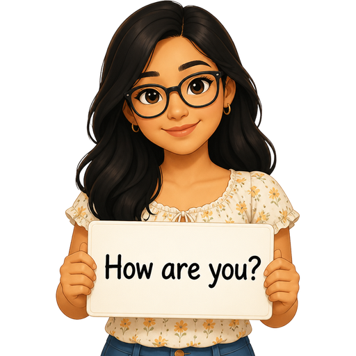light tan woman with black hair and glasses wearing a summer illusion short sleeves top holding a sign that says How are you?