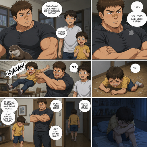 A DETAILED AND LIFELIKE ANIME Comic Book story view of a Bulky but Muscular ANIME Cute Bara Man With Peach toned skin Who looks Normal aind round facial Structure and Basic facial structure With Puffy and Big Pecs that are visible through the shirt and Biceps and Bandaid on his nose and Brown short hair that makes them look tough. Wearing normal With his pet Grown and healthy realistic otter and 2 little brothers that are in different ages but young. And he doesn‘t like them and big brother picks the little brother up and The little brother fly’s to the floor and limps away the little brother believes that he‘s A good person but when he tells him that he is pushed into his room and limps to his bed