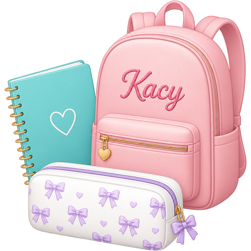 a white pencile bag with light purple bows on it a and teal note book with a baby pink bookbag that say Kacy