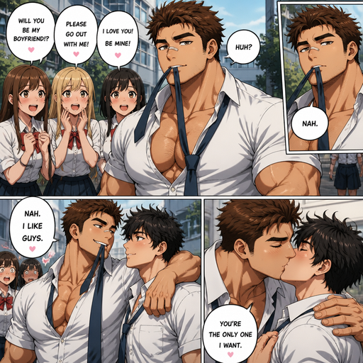 A Anime comic book of a Hunky and bulky but Muscular and more Muscle than Fat ANIME CUTE Bara Man Who looks Normal and American but Manly Features and Fluffy and strait and Spikey Brown Hair with a round facial Structure and Basic facial structure With PUFFY and BIG Pecs that are visible through the shirt and Biceps with a cut on his nose. Wearing a baggy School Uniform. And and unbuttoned 2 buttons and unties his tie and holds it in his mouth. And girls go up to him and ask to be his girlfriend and then He says nah and hugs his crush right next to him that looks like him but different hair and face and puts his arm around him and says nah I like guys and kisses his crush