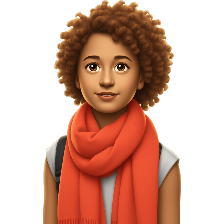 "Soft sunset lighting, tan curly-haired girl with a vibrant scarf, dreamy background, pastel colors, Gen Z vibes."