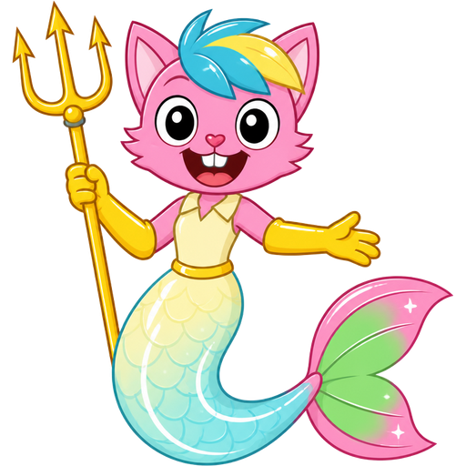 pink boy cat furry with blue and yellow hair and yellow very long rubber gloves holding a golden trident yellow dress tucked in light yellow and light cyan mermaid tail with white highlights with pink and green tail fins with pink highlights (happy tree friends)