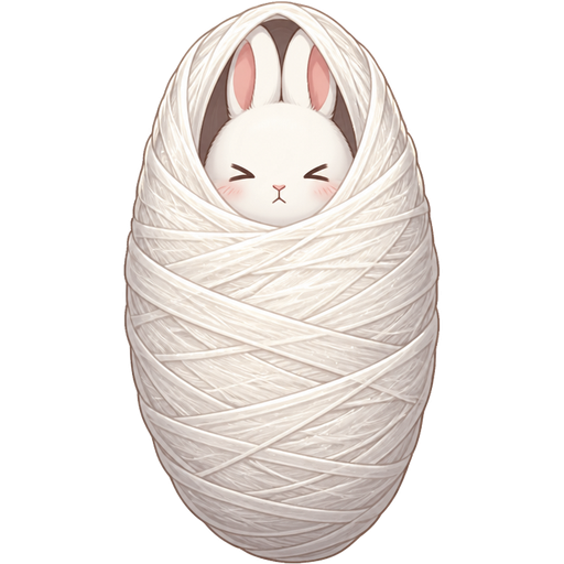 cartoon illustration of a rabbit tightly wrapped up Cocoon Structure: A rabbit is completely bundled in light-colored web or cloth.
