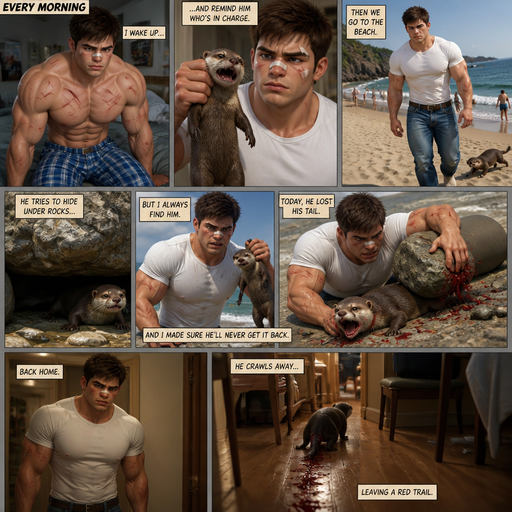 A COMIC BOOK STORY very lifelike and Detailed Full page Anime Comic book story about of a Bulky ANIME Cute Bara Man American 20 year old with a ROUND and BASIC facial structure and Young Adult BARA CUTE that is Peach Toned skin not anything else MALE not to detailed With bigger than average Pecs that are visible through the shirt and Biceps and a big Bandaid on his nose and Left Cheek and Right Eye brow with Scars all over his Chest and arms. Wearing a white shirt that is tight around the waist and Jeans drenched in sweat and Short and Brown strait Fluffy Hair and Strait with brown eyes and black eyebrows with a Three finger Slash on his Eyebrow. With no Facial Hair. Waking up in the morning in pajamas and his pet baby Unathletic otter but Excessively bully’s it by holding his collar around his neck. And then they go to the beach and the otter has the goes and try’s to find as rock to hide under and he finds the otter and then looses his tail from a boulder Excessively bully’s him more. And forever now with no tail Then they go home And then the otter goes to his room leaving a red trail