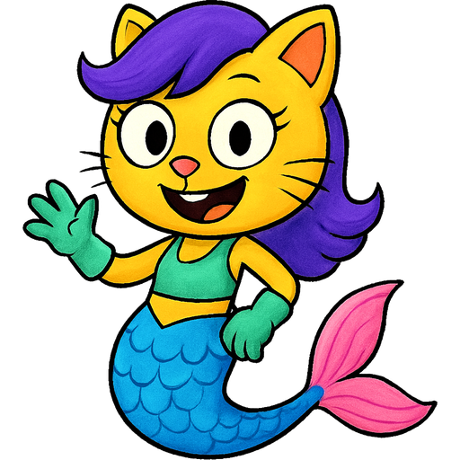 yellow cat anthro with purple hair blue cyan and white mermaid tail with pink fins light green gloves and swimsuit top blue happy tree friends style version emoji, artistic style
