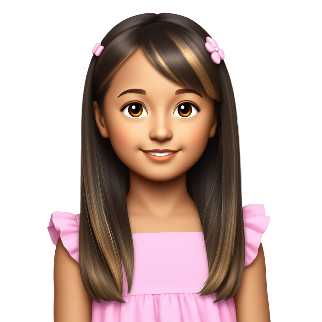 A very beautiful, slightly brown girl with medium-length, dark brown hair with blond tips. She wears pink hair accessories and a pink dress.