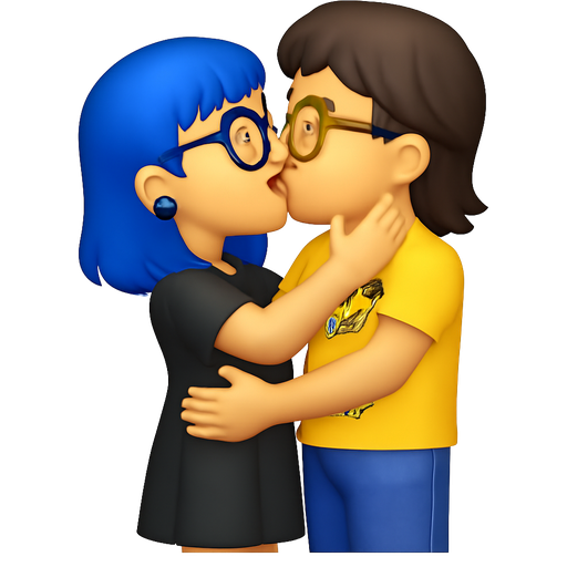 a couple of people kissing each other, girl has blue hair and black piercings in her ears and round glasses and makeup and wears black and the other person a dark brown mullet, thick glasses and has an outfit with Pokémon - the blue girls hand is holding the other persons neck and the other person has their hand on her back, and you can see them from their knees and they’re standing and they have closed eyes
