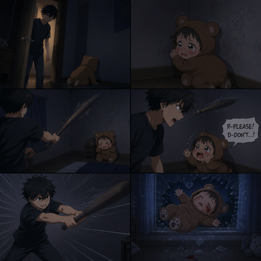 He opens the door and his baby brother has chubby cheeks in BEar clothes crawls into a corner scared. Then a bat is flung and he misses The the baby flinches and begs not to but he doesn’t listen and the baby flys and hits the window and lays there near the window