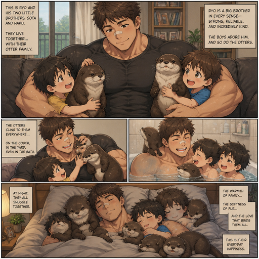 A DETAILED AND LIFELIKE ANIME Comic Book story view of a Bulky but Muscular ANIME Cute Bara Big and Buff Big brother and Hunky and Hot and makes girls hearts flutter With Peach toned skin Who looks Normal aind round facial Structure and Basic facial structure With Puffy and Big Pecs that are visible through the shirt and Biceps and Bandaid on his nose and Brown short hair that makes them look, attractive and hot and Strait hair. Wearing normal With his pets Grown and healthy realistic 2 otter and 2 little brothers that are in different ages but young and they like to snuggle with the Otters. And the otter Cuddles them everywhere even in bed. And more baby otters Snuggle too