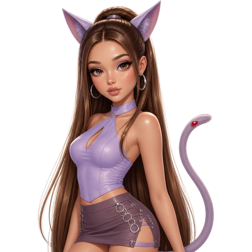 semi-realistic soft cartoon luxury glam, mini plush Bratz-doll aesthetic, cinematic glow, crisp clean detail, glossy glam skin. brown eyed Petite 5ft girl, fair skin with soft freckles, wide face with tall forehead, honey-brown almond wide-set upturned eyes, fluttery lashes, shimmer highlight, plush lips, bottom heavy lip, sweet Belle-princess vibe, long straight brunette hair with visible caramel highlights, wearing an orchid-lilac halter top with sleek fitted seaming, a smoky mauve mini skirt with silver ring details, silver hoops, sleek lavender cat-like Espeon ears, a long slender tail with a red gem detail near the tip, hair in a polished high half-up ponytail with long straight lengths, makeup with lilac shimmer, elongated winged liner, cool mauve blush, icy inner-corner highlight, and a glossy pink-beige lip, posing with mysterious pretty-girl energy and a calm confident expression