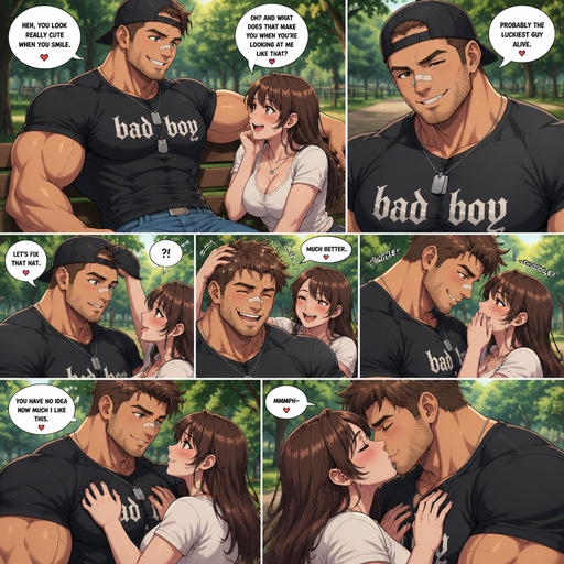 A DETAILED AND LIFELIKE ANIME Comic Book story view of a tall Frame and Gigantic and Lean but very Bulky with Huge arms And Pecs and Chest that makes him look Huge but Muscular ANIME Cute Bara Man With Peach toned skin Who looks Normal aind round facial Structure and Basic facial structure With Puffy and Big Pecs that are visible through the shirt and Biceps and Bandaid on his nose and Brown short hair and cleanly Shaved beard. Wearing a bad boy, shirt, and dog tag with jeans with a Backwards Baseball hat. And Is Flirting with her at a Park and she likes it and flirts back. A she takes off his hat and tussles his hair and They giggle and she grabs his chicks and kisses him
