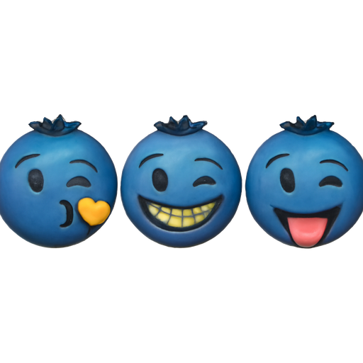 A blueberry blowing a kiss, A blue berry smiling with gold grills as they wink, A blueberry sticking out tongue out