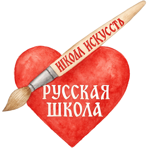 Сердце, сверху воткнута белая кисть, на кисточке написано Русская Школа искусств, шрифт в старославянском стиле, в красно белом цвете