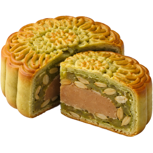 Green Tea White Lotus Paste with Light Brown Filling in the Middle iddle Mooncake with Roasted Kuachi