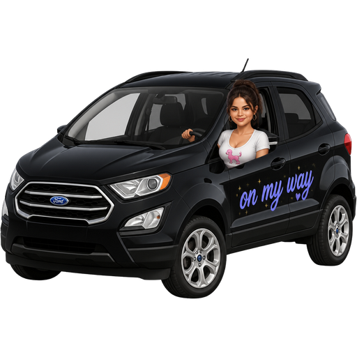Black 2020 Ford Eco sport with Selena Gomez in the front seat driving and showing off some cute small cleavage in a poodle T-shirt, there is a periwinkle decal on the driver side door that says on my way