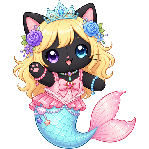 plush suit black cat with light yellow hair purple and blue flowers light cyan crown purple and green necklace pink and blue bracelets pink dress attached to long light cyan mermaid tail with pink tail fins