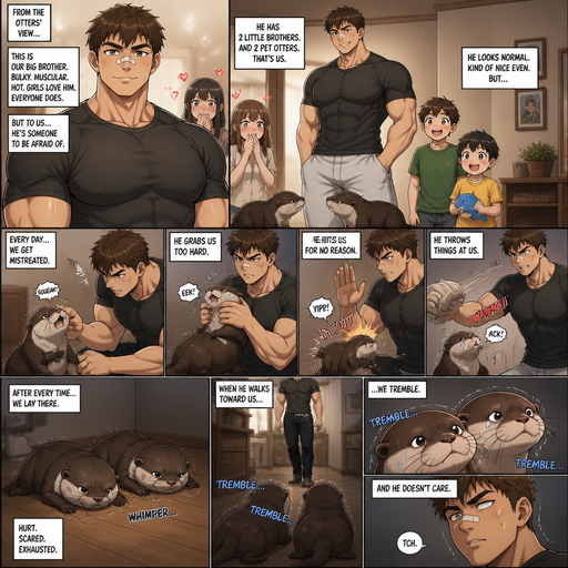 A DETAILED AND LIFELIKE ANIME Comic Book story and shows better and bigger pictures about when it’s about the otters view of a Bulky but Muscular ANIME Cute Bara Big and Buff Big brother and Hunky and Hot and makes girls hearts flutter With Peach toned skin Who looks Normal aind round facial Structure and Basic facial structure With Puffy and Big Pecs that are visible through the shirt and Biceps and Bandaid on his nose and Brown short hair that makes them look, attractive and hot and Strait hair. Wearing normal With his pets Grown and healthy 2 otter and 2 little brothers that are in different ages but young. The otters get mistreated a lot from him and they lay there after every time there mistreated. And the otters tremble when he walks to them. And he doesn’t care.