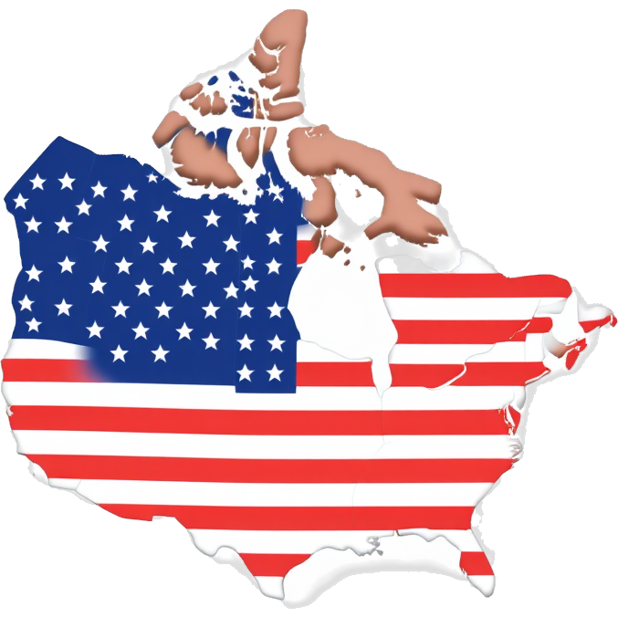 Create a simple, clean emoji-style map of North America where the United States and Canada are merged into one country. The entire landmass should be one solid shape with no borders, fully covered in the American flag (stars and stripes across the entire continent). No text, no faces, no icons — just the landmass itself, clearly showing Canada and the U.S. as one nation under one flag.