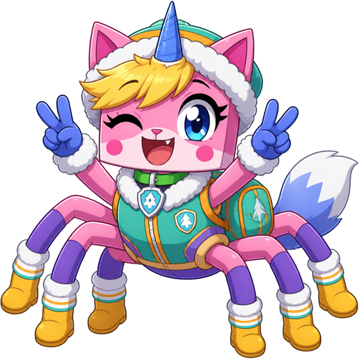 happy pink cat anthro furry boy spider with yellow hair blue and white tail white wrists blue hands purple 6 legs white socks yellow boots green collar blue unicorn horn based on unikitty wearing everest's hat and everest's clothing with everest's backpack