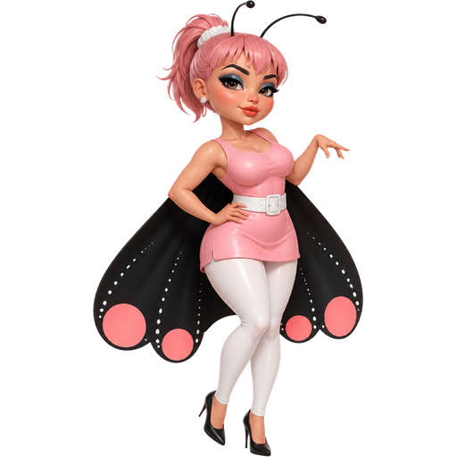 Andreina as an Ant with a Fair-Light Neutral Natural Skin Tone and a Wide Lip Shape with a Doll Eyelash Style Set Up and a Coral Matte Lipstick with a Dark Blue Eyeshadow and a Steep Angled High-Arched Eyebrow with a Wide-Set Eye Shape and a Heptagon Face Shape with a Short Blush Pink Ponytail Including Short Bangs With a White Scrunchie and Grey Eyes with a Sleeveless Blush Pink Dress and a Thick White Belt with Long White Legging Pants and Black Heels Wearing a Black Parachute Cape with Big Pink Dots on the Tips of her Cape and Small White Dots Followed Behind it and Black Antennae with a Luminous Glazed Complexion and a 3D Naturalistic Animation with a Mature Adult Curvy Toned Build and a Luxury Glossy with a Refined Pristine Set Up and a Theatrical Appearance