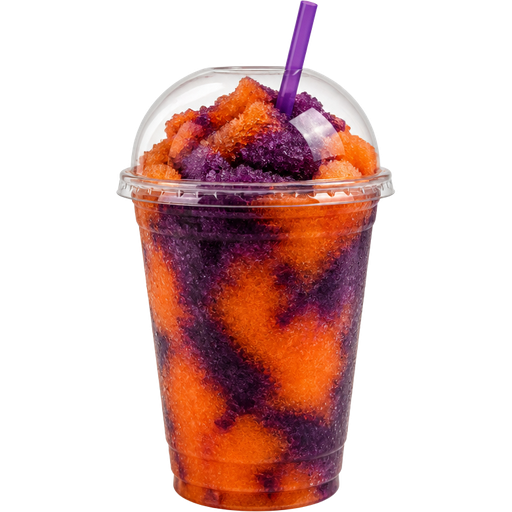 Halloween Shaved Ice Slushie in a Plastic Cup and Plastic Dome Lid with a Straw Mixed in with Extra Syrup and it’s Orange and Dark Purple