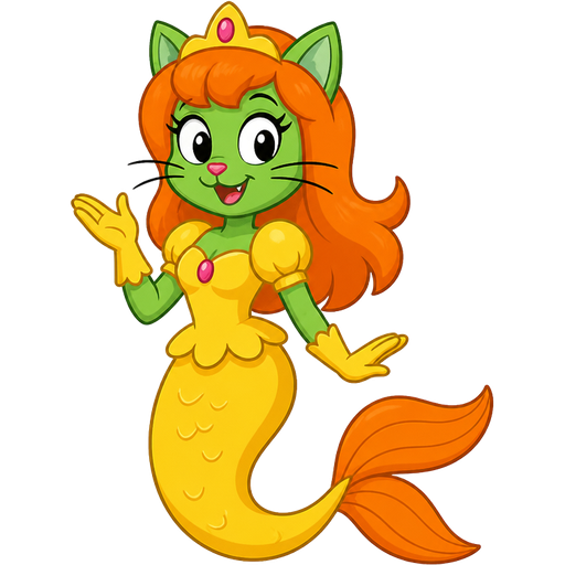 green cat anthro with yellow dress attached to long yellow mermaid tail with orange fins yellow gloves orange hair based on princess mindy spongebob squarepants