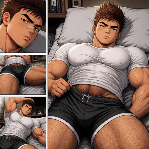 A REALISTIC AND comic book of a bulky but Muscular ANIME Cute Bara 20 year old With Peach toned skin Who looks Normal and a MANLY AND mASCULINE structure With Puffy and Big Pecs that are visible through the shirt and Biceps and Bandaid on his nose and Brown Spiky hair that points up. Wearing a white shirt and short shorts with a HAIRY MANLY v shaped body. At home and lays In bed holding his shorts
