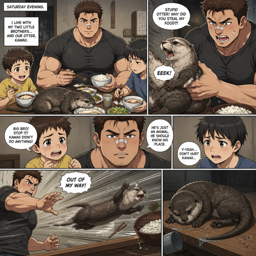 A DETAILED AND LIFELIKE ANIME Comic Book story view of a Bulky but Muscular ANIME Cute Bara Man With Peach toned skin Who looks Normal aind round facial Structure and Basic facial structure With Puffy and Big Pecs that are visible through the shirt and Biceps and Bandaid on his nose and Brown short hair that makes them look tough. Wearing normal With his pet Grown and healthy realistic otter who is Mistreated and 2 little brothers that are in different ages but young. Then the otter flys to the edge of the table. and lays on its side