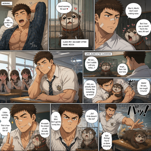 very lifelike and Detailed anime comic Story about of a Bulky ANIME Cute Bara Man American 20 year old with a ROUND and BASIC facial structure and Young Adult BARA CUTE that is Peach Toned skin not anything else MALE not to detailed With bigger than average Pecs that are visible through the shirt and Biceps and a big Bandaid on his nose and Left Cheek and Right Eye brow with Scars all over his Chest and arms. Wearing a school uniform and pants, drenched in sweat and Short and Brown strait Fluffy Hair and Strait with brown eyes and black eyebrows with a Three finger Slash on his Eyebrow and Makes Girls blush when they walk by him. With no Facial Hair. Waking up in the morning in pajamas and his class pet Sea Baby Otter in his cage that has a crush on him and Deeply in love with him with a collar but Excessively Bullies it. And one day him and the otter are alone in the classroom and The Otter is in his cage and asks if he can cuddle with him and he says sure but turns on him and Bullies him. And later in class, he taught the otter by winking at him and the otter thinks he actually likes him, but he makes a mad face at the otter and the otter then realizes he doesn’t like the Otter. And the auto tries to cuddle him and he throw the otter on the desks.