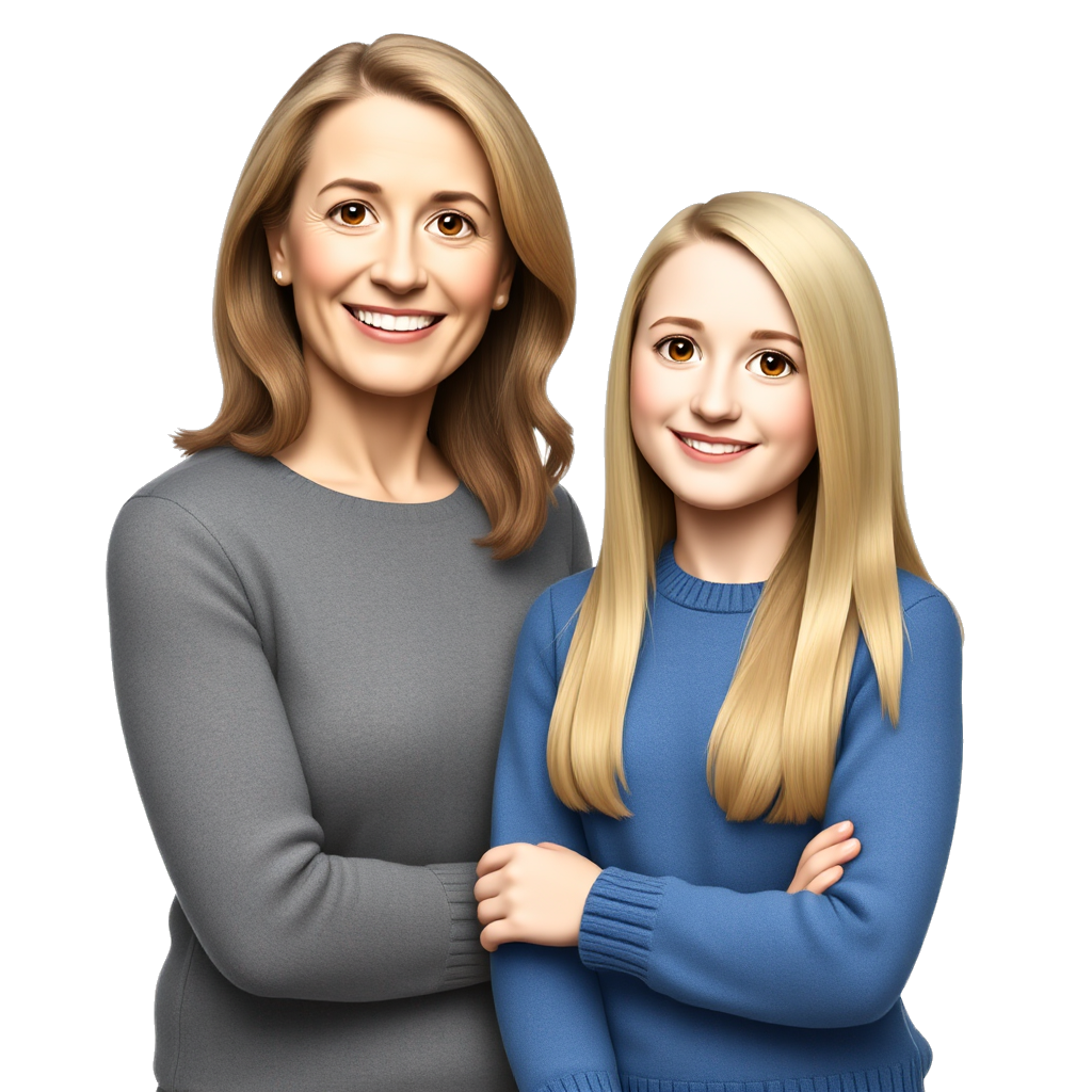 Mom at age 35 with Dark blonde hair and teenage daughter wearing blue sweater at age 15 with blonde har smiling but more emoji looking like