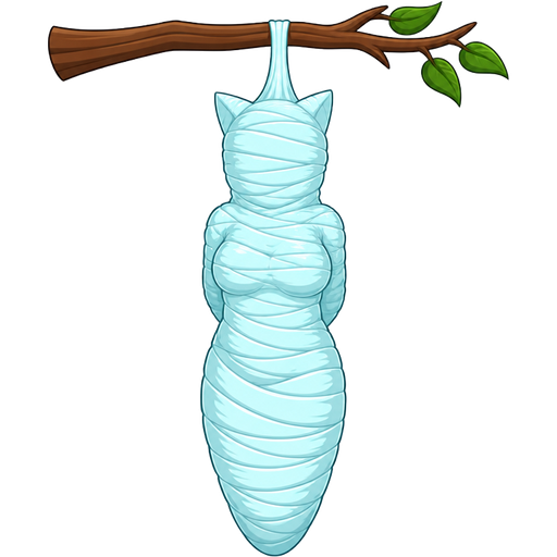 wrapped up and mummified fully covered in a #B8FFFF spider slik cocoon shaped like female anthro yellow cat girl anthro arms behind back with #B8FFFF spider slik wrappings completely covered with thick layers non-transparent #B8FFFF spider slik wrappings hanged to the branch