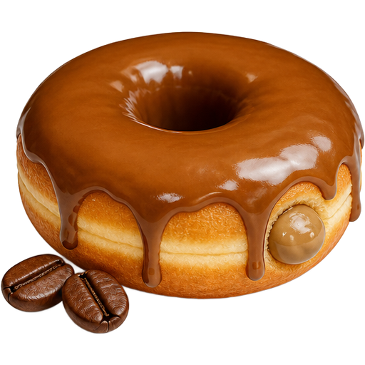 Cappuccino Filled Donut Ring and Brown Coffee Glaze Going Down the Sides with Two Coffee Beans Paired Together and Three Dark Brown Lines On the Right Side