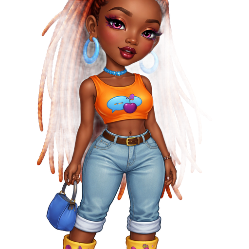 Cherry Crisp with a Dark-Deep Neutral Espresso Skin Tone with a Heavy Lower Lip Shape with a Fairy Set Eyelash Set Up with a Lost Cherry Purple Lipstick Look with a Magenta Purple Eyeshadow and a Natural Arched Eyebrow with a Protruding Eye Shape and a Triangle Face Shape Wearing Orange Long Faux Dreadlocks in a Half-Up-Half-Down Hairstyle Wearing Blue Bold Crescent Hoop Earrings Wearing a Blue Choker Necklace With a Bright Orange Cropped Top With a Print of a Purple Cherry with a Blue Speech Bubble in the Back of it with Light Blue Denim Jeans with it being rolled up at the ends Wearing Yellow Suede Boots with a Printed Pattern of Two Purple Hearts on both Sides Wearing a Brown Belt With a Gold Buckle and A Mature Adult Toned Build with a Cinematic Radiance and Vivid with Distinct Features and High Visual Textures In a Soft Polished Shine