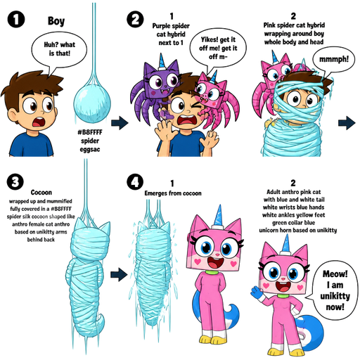 life cycle of anthro pink cat with blue and white tail white wrists blue hands white ankles yellow feet green collar blue unicorn horn w based on unikitty metamorphosis transformation 1st stage boy huh? what is that! #B8FFFF spider eggsac 2nd stage purple spider cat hybrid next to 1 pink spider cat hybrid latching on a boy's face yikes! get it off me! get it off m- and 2 wrapping around boy whole body and head and mouth mmmph! with #B8FFFF silk webbing 3rd stage cocoon wrapped up and mummified fully covered in a #B8FFFF spider slik cocoon shaped like boy turning into a anthro female cat anthro based on unikitty arms behind back with #B8FFFF spider slik wrappings completely covered with thick layers non-transparent #B8FFFF spider slik wrappings hanging on #B8FFFF slik wrappings 4th stage adult 1 anthro pink cat with blue and white tail white wrists blue hands white ankles yellow feet green collar blue unicorn horn w based on unikitty emerges from its wrapped up and mummified fully covered in a #B8FFFF spider slik cocoon shaped like anthro female cat anthro based on unikitty arms behind back with #B8FFFF spider slik wrappings completely covered with thick layers non-transparent #B8FFFF spider slik wrappings hanging on #B8FFFF slik wrappings 2 anthro pink cat with blue and white tail white wrists blue hands white ankles yellow feet green collar blue unicorn horn based on unikitty Meow! I am unikitty now!