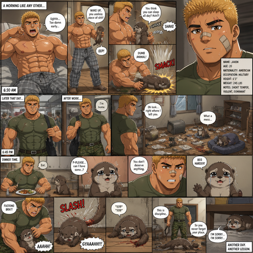 A very lifelike and Detailed Full page Anime Comic book story about of a Bulky ANIME Cute Bara Man American 20 year old with a ROUND and BASIC facial structure and Young Adult BARA CUTE that is Peach Toned skin not anything else MALE not to detailed With bigger than average Pecs that are visible through the shirt and Biceps and a big Bandaid on his nose and Left Cheek and Right Eye brow with Scars all over his Chest and arms. Wearing a Tight Military Green Top that is tight around the waist and Baggy Camo Cargo pants drenched in sweat and Short and yellowish orange Hair and Bright Gold Fluffy Hair and Strait with brown eyes and black eyebrows with a Three finger Slash on his Eyebrow. With no Facial Hair. Waking up in the morning in pajamas and his pet otter but Excessively bully’s it. And when he comes back from work he sees the otter right we’re he left him with trash around him and made a mess. He makes dinner and the Otter doesn’t even eat dinner and cries and asks for some and the looses a tail. And the otter Receives Discipline that